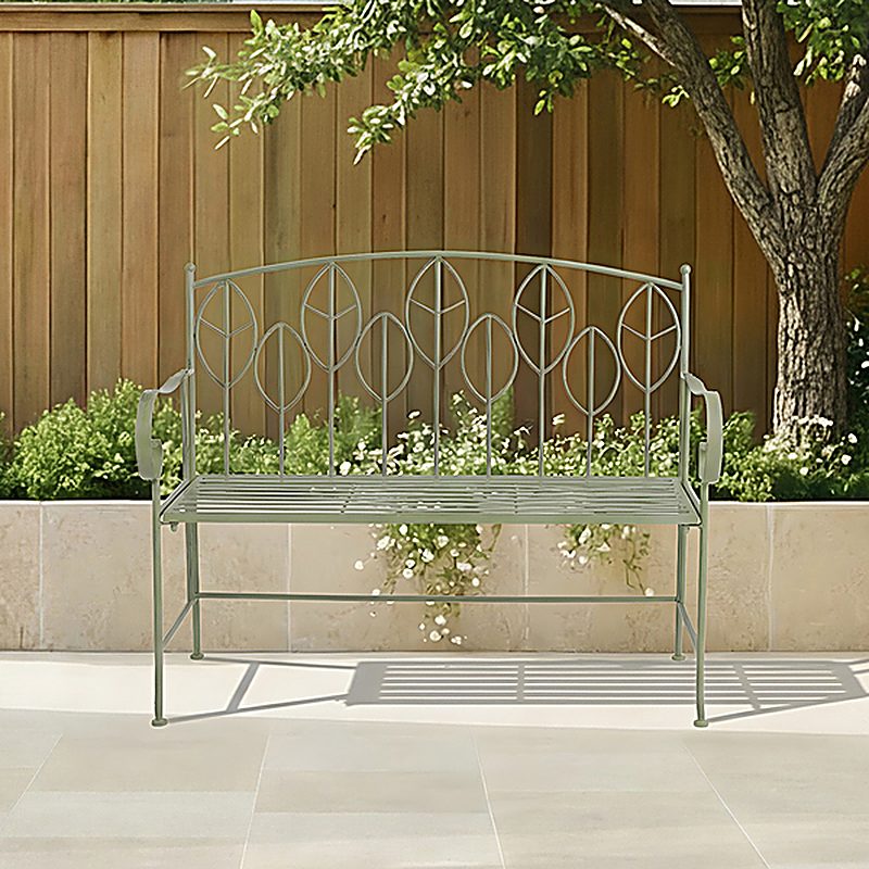 Sage Green Leaf Design Rustic Metal Garden Bench