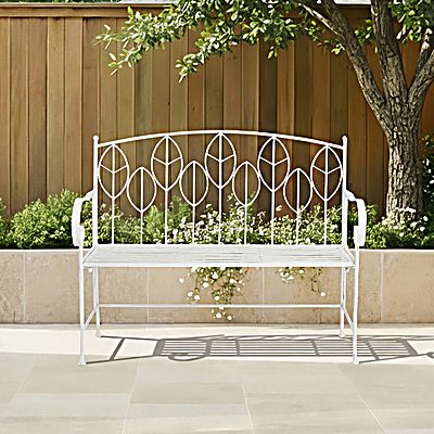 Antique White Leaf Design Rustic Metal Garden Bench